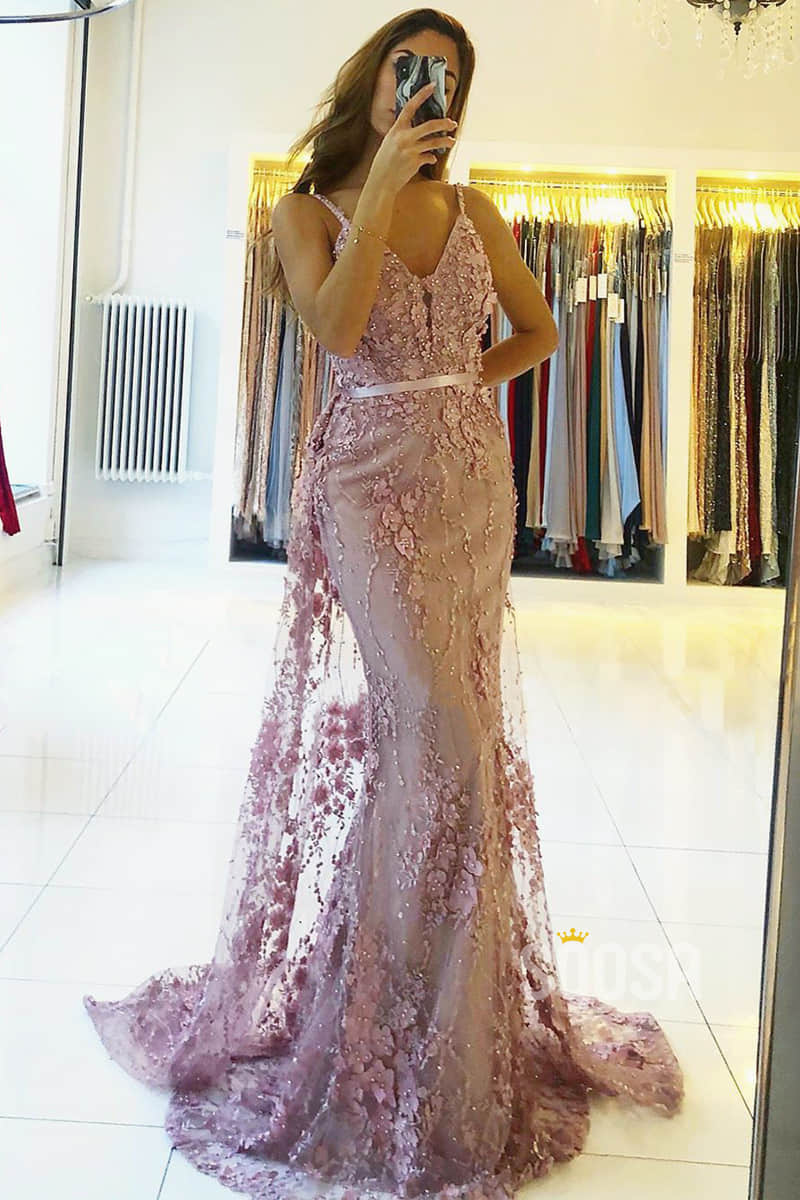Mermaid Pink Lace Appliques Formal Evening Dress Long Prom Dress QP2277|SQOSA