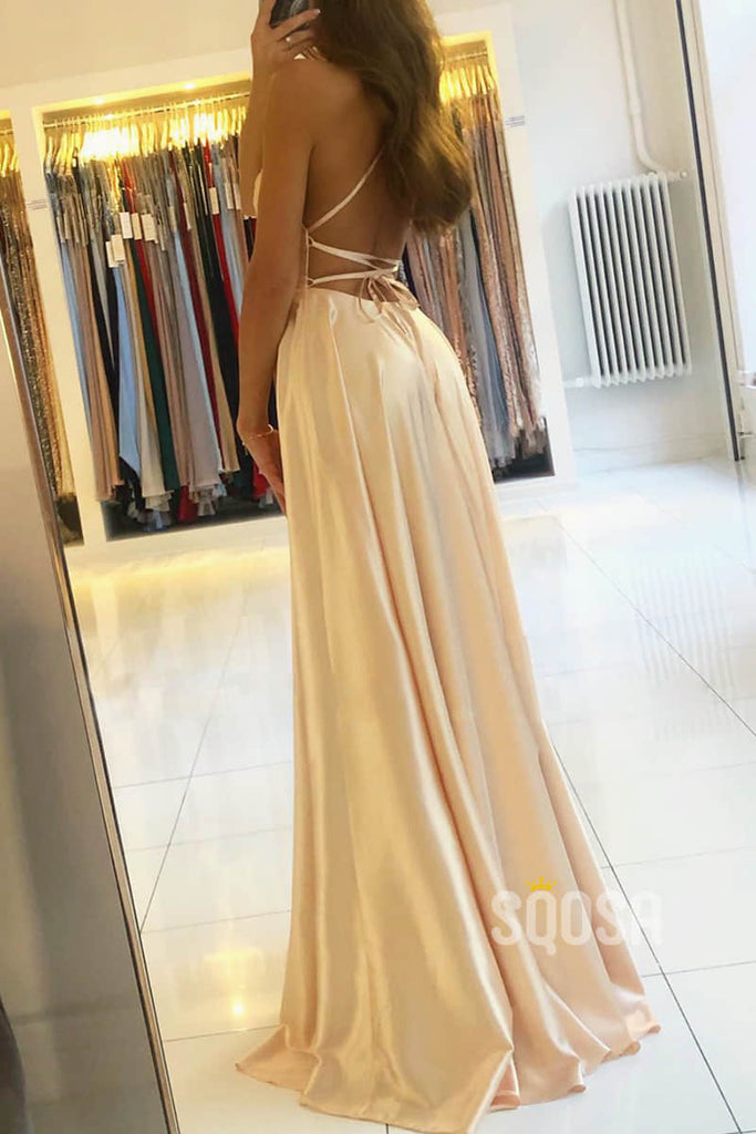 A-line Scoop Stretch Satin High Split Long Simple Prom Dress Formal Evening Gowns QP2279|SQOSA