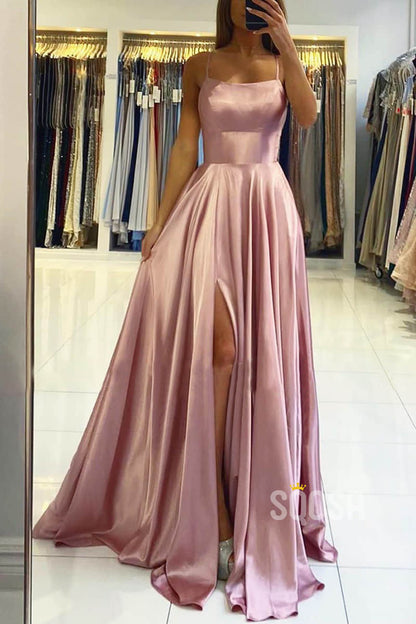 A-line Scoop Stretch Satin High Split Long Simple Prom Dress Formal Evening Gowns QP2279|SQOSA