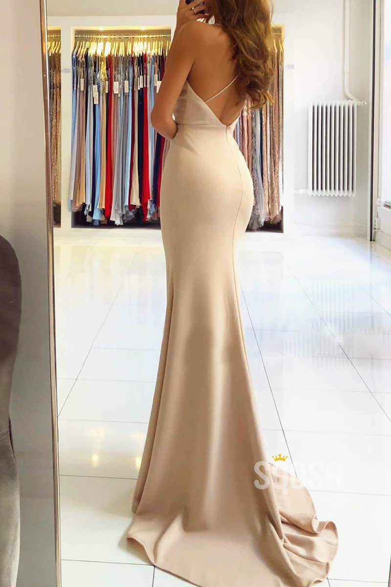 Mermaid Formal Evening Dress Champagne Stretch Satin Spaghetti Straps Prom Dress QP2301|SQOSA