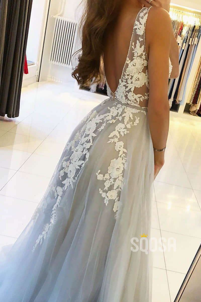 A-line V-neck Tulle Appliques Long Formal Evening Dress Prom Dress QP2302|SQOSA|SQOSA