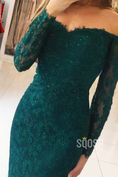 Chic Off-the-Shoulder Lace Long Sleeves Formal Evening Dress with Slit QP2303