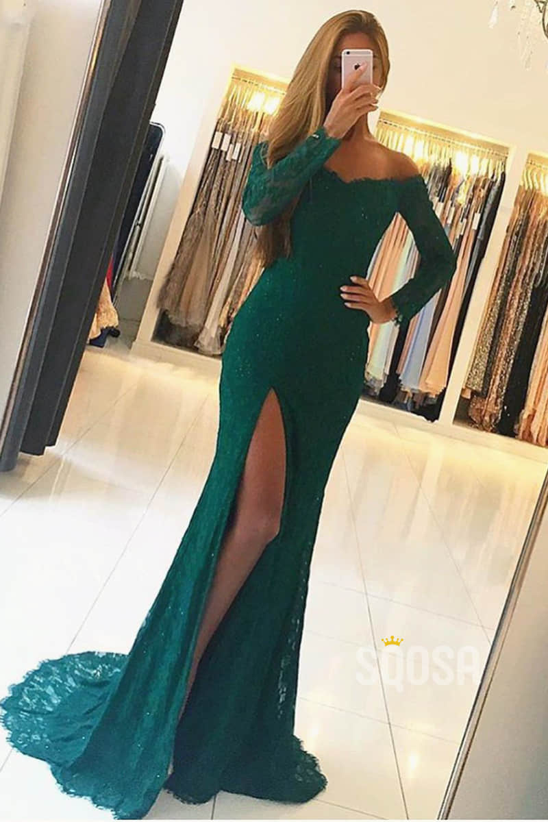 Chic Off-the-Shoulder Long Sleeves Lace High Split Long Formal Evening Dress QP2303|SQOSA