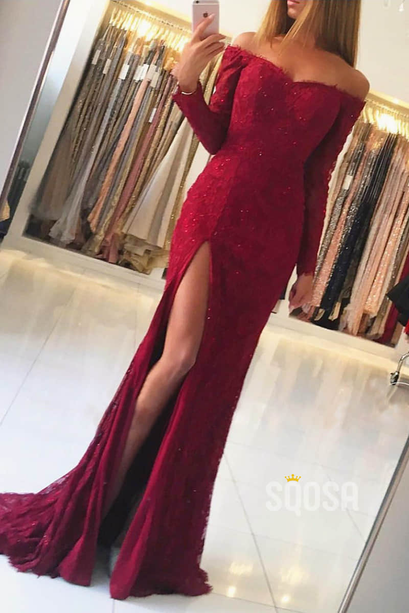 Chic Off-the-Shoulder Lace Long Sleeves Formal Evening Dress with Slit QP2303|SQOSA