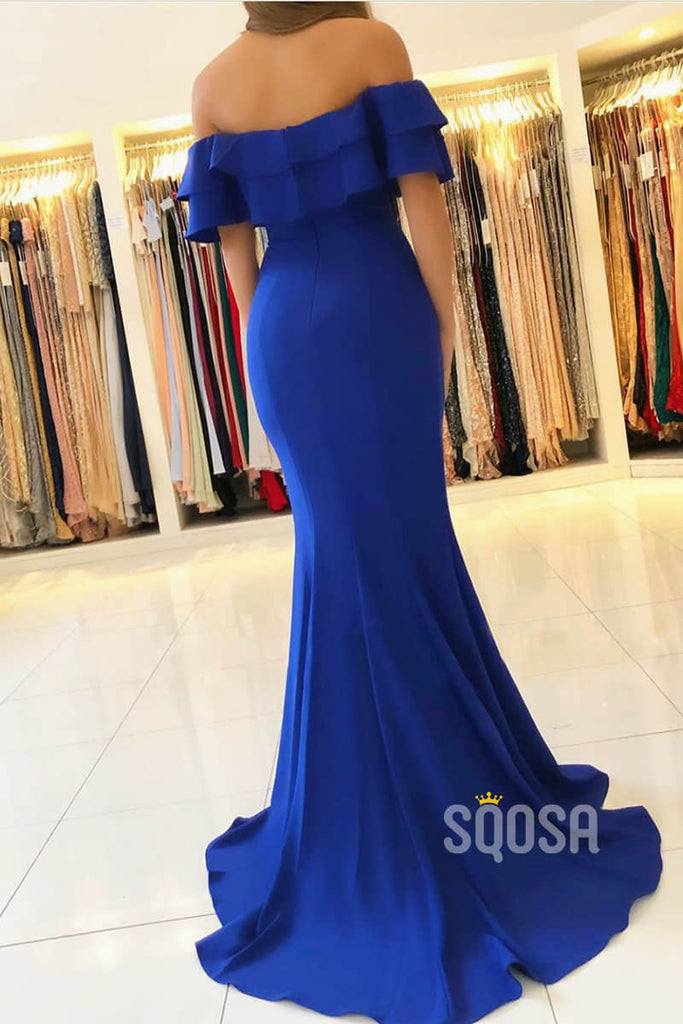 Royal Blue Satin Chic Off-the-Shoulder High Split Mermaid Formal Evening Dress QP2312|SQOSA
