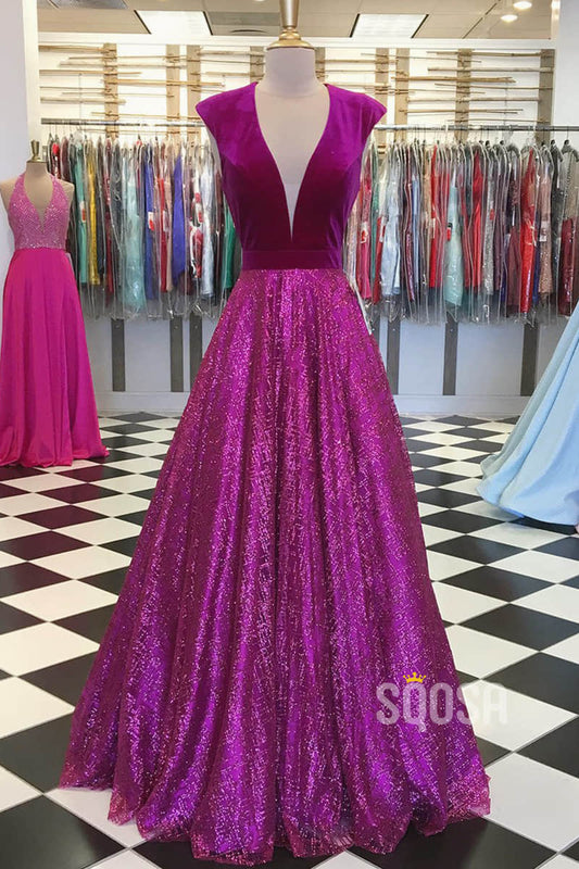 A-line Cap Sleeves Attractive V-neck Sparkle Prom Dress Pageant Dress QP2315|SQOSA