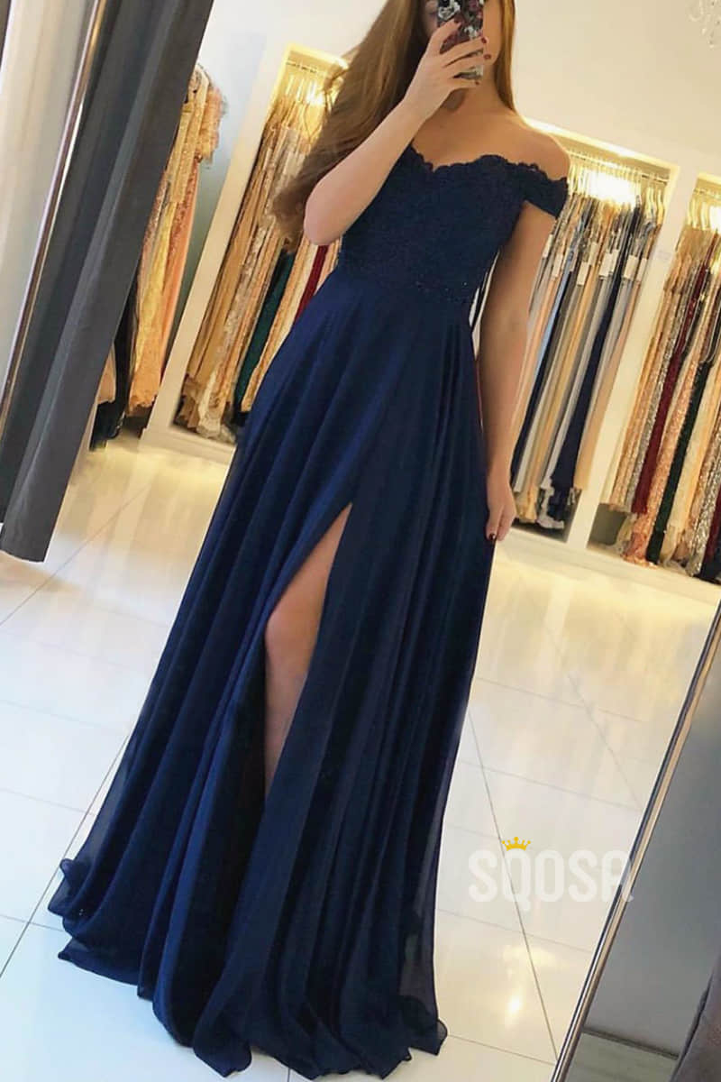 A-line Off-the-Shoulder Lace Appliques Chiffon Long Formal Evening Dress with Slit QP2318|SQOSA