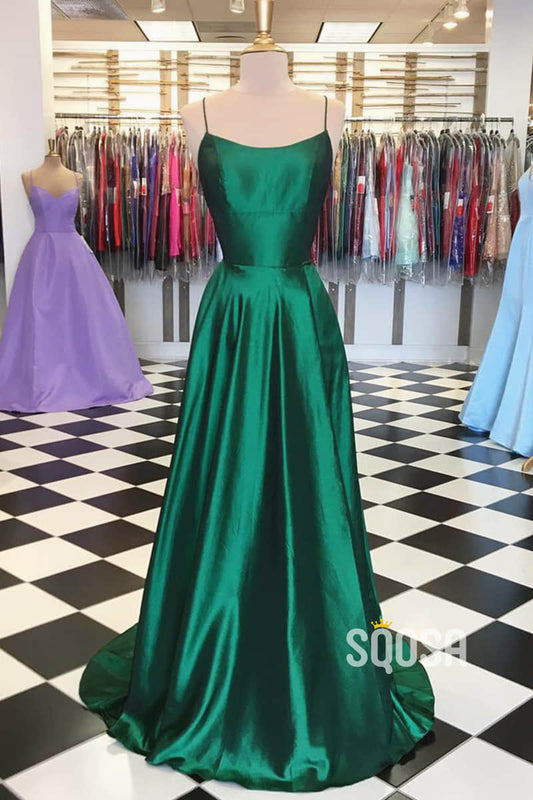 A-line Green Stretch Satin Simple Prom Dress Pageant Dress QP2321|SQOSA