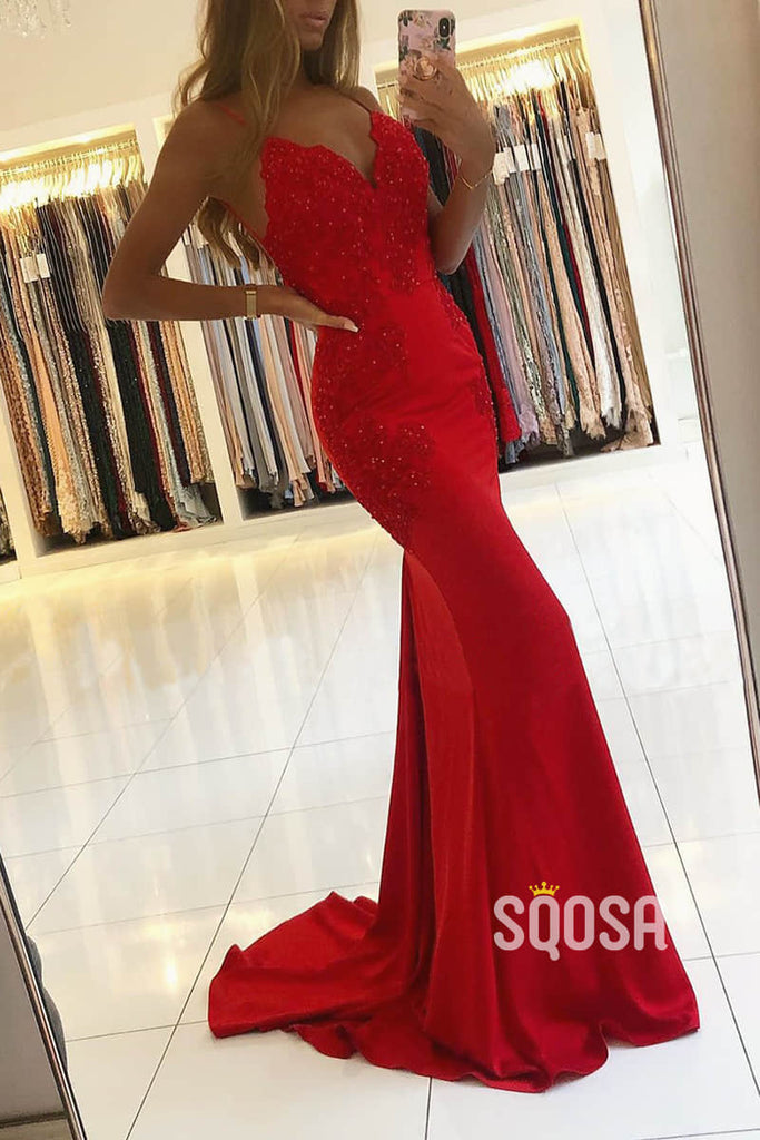Mermaid/Trumpet Evening Dress Spaghetti Straps Red Satin Appliques Long Prom Dress QP2324|SQOSA
