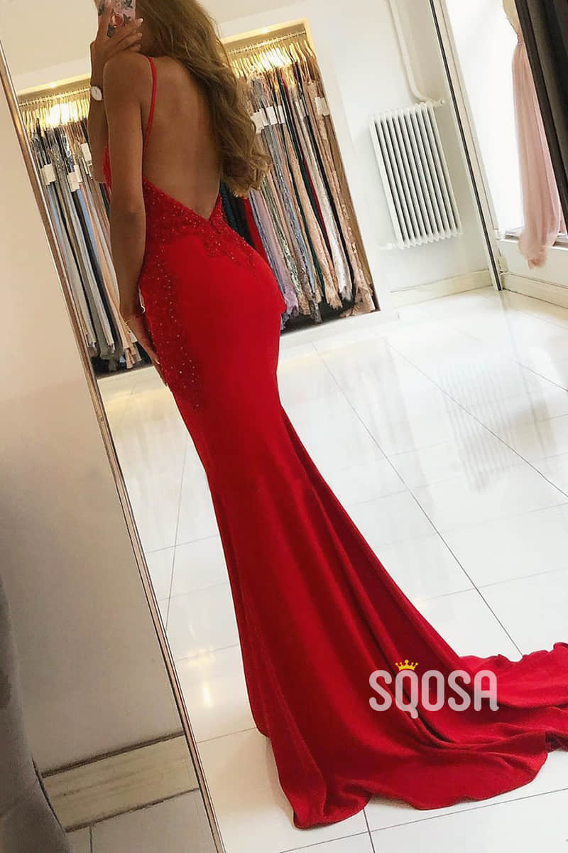 Mermaid/Trumpet Evening Dress Spaghetti Straps Red Satin Appliques Long Prom Dress QP2324|SQOSA