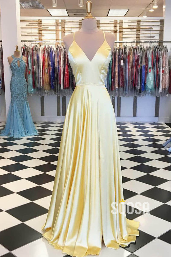 A-line Yellow Stretch Satin V-neck Simple Long Prom Dress Pageant Dress QP2339|SQOSA