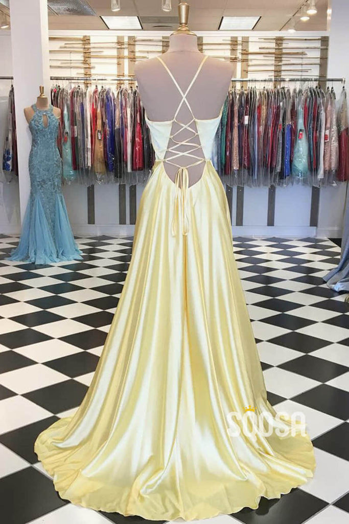 A-line Yellow Stretch Satin V-neck Simple Long Prom Dress Pageant Dress QP2339|SQOSA