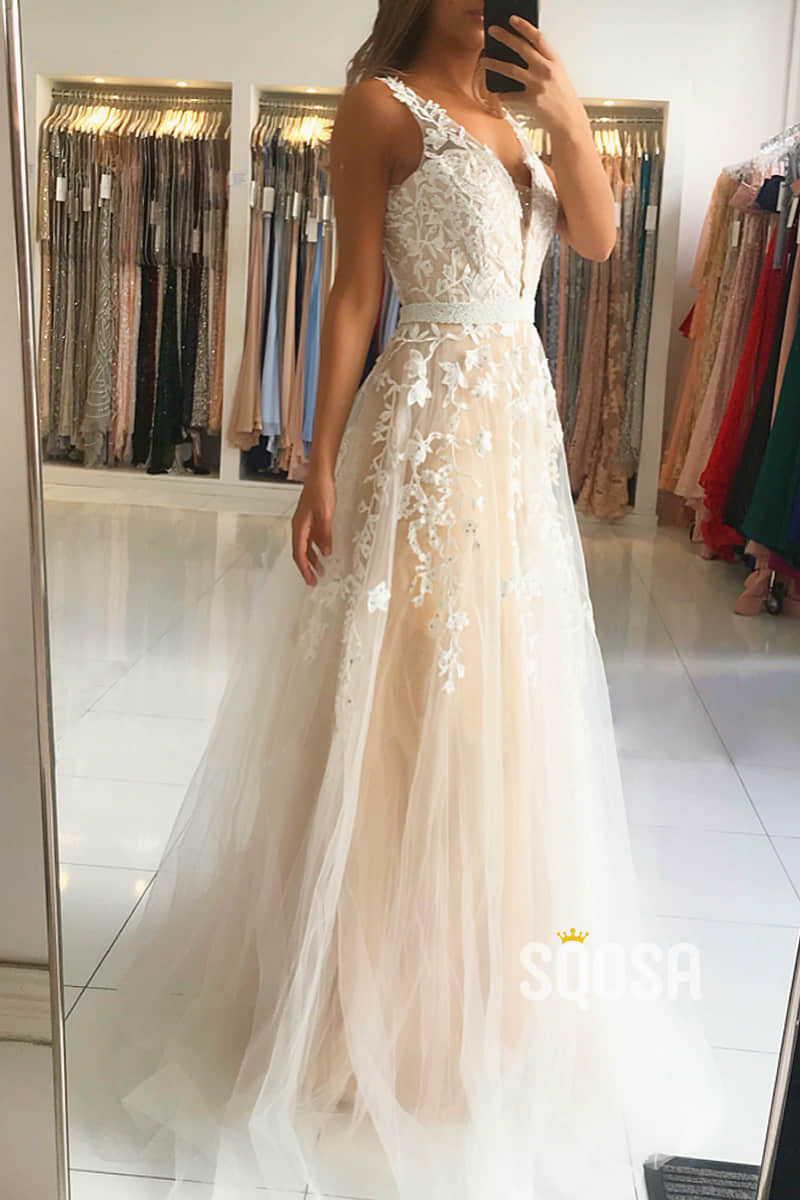A-line Attractive V-neck Tulle Appliques Long Formal Evening Dress QP2350|SQOSA