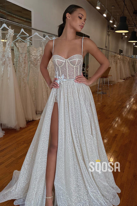 Spaghetti Straps Lace Appliques Sparkly Bohemian Wedding Dress Bridal Gown QW0956