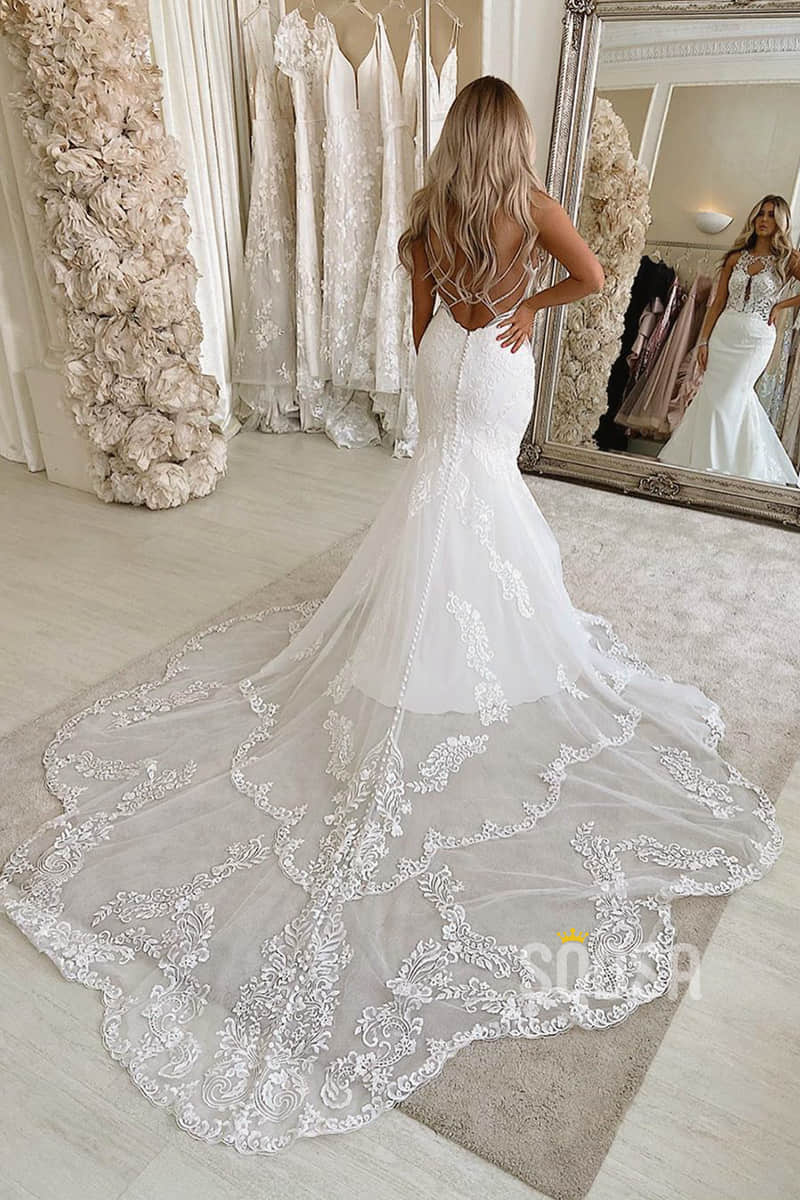Chic Bateau Neck Lace Appliques Mermaid Wedding Dress Bridal Gown QP2093|SQOSA