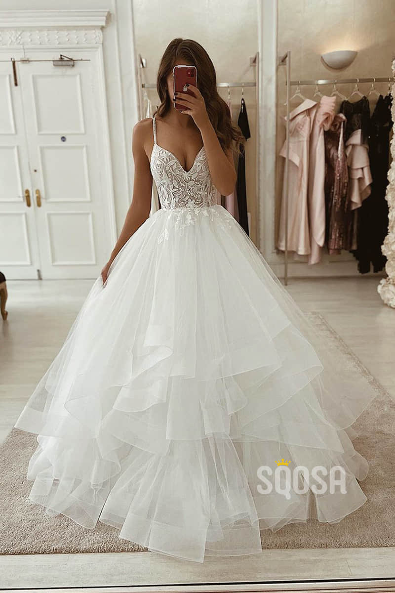 Ball Gown Spaghetti Straps Lace Bodice Princess Wedding Dress Bride Dres QW2095|SQOSA