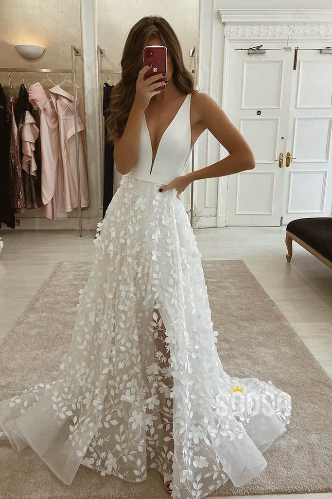 A-line V-neck Exquisite Lace Bohemian Wedding Dress Bridal Gowns QW2096|SQOSA
