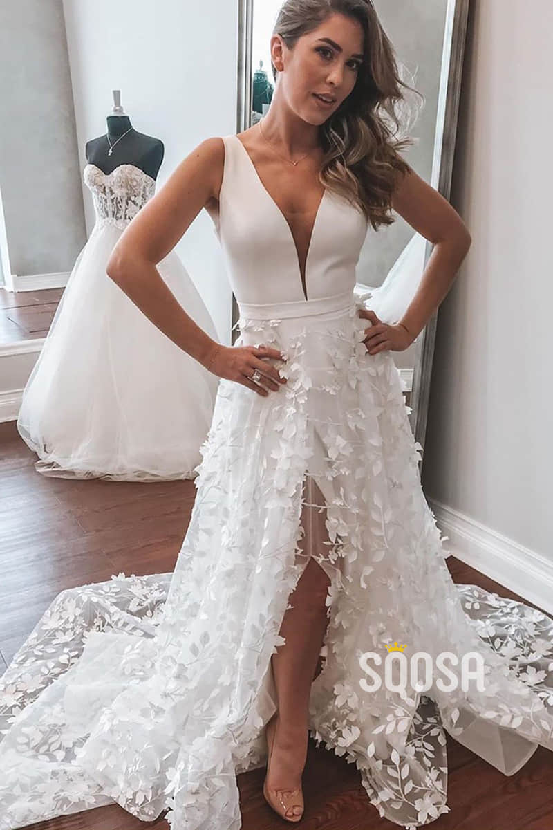 A-line V-neck Exquisite Lace Bohemian Wedding Dress Bridal Gowns QW2096