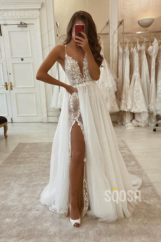 A-line V-neck Spaghetti Straps Lace Bohemian Wedding Dress Rustic Bridal Gowns QW2097|SQOSA