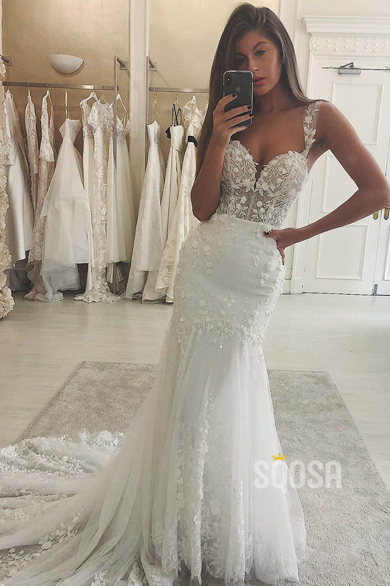 Mermaid Wedding Dress Double Straps Unique Lace Appliques Bridal Gowns QW2098|SQOSA