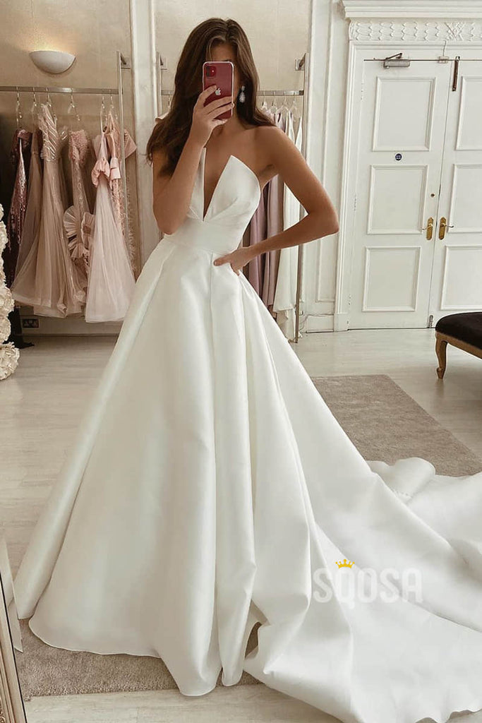 A-line Attractive V-neck Ivory Satin Simple Wedding Dress Rustic Bridal Gowns QW2099|SQOSA