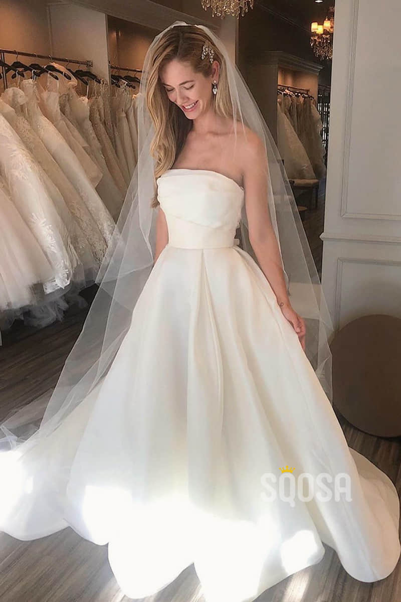 A-line Chic Strapless Ivory Simple Wedding Dress Bridal Gown QW2110|SQOSA
