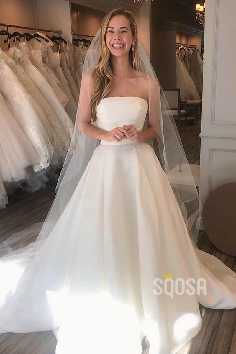 A-line Chic Strapless Ivory Simple Wedding Dress Bridal Gown QW2110|SQOSA