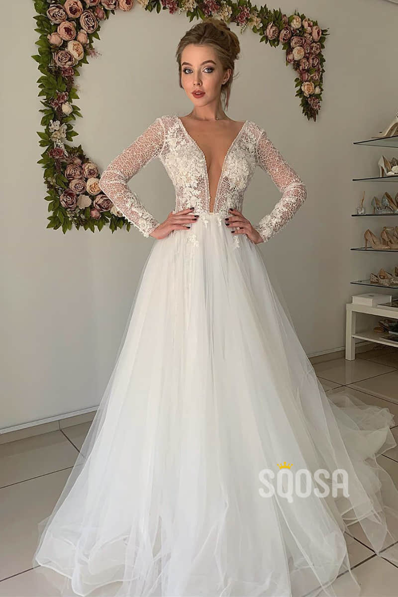 A-line Attractive V-neck Lace Long Sleeves Wedding Dress with Court Train QW2141|SQOSA