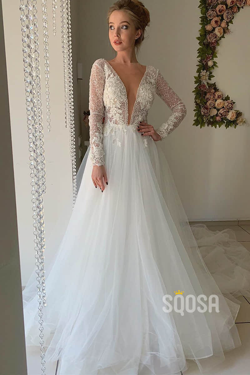 A-line Attractive V-neck Lace Long Sleeves Wedding Dress with Court Train QW2141|SQOSA