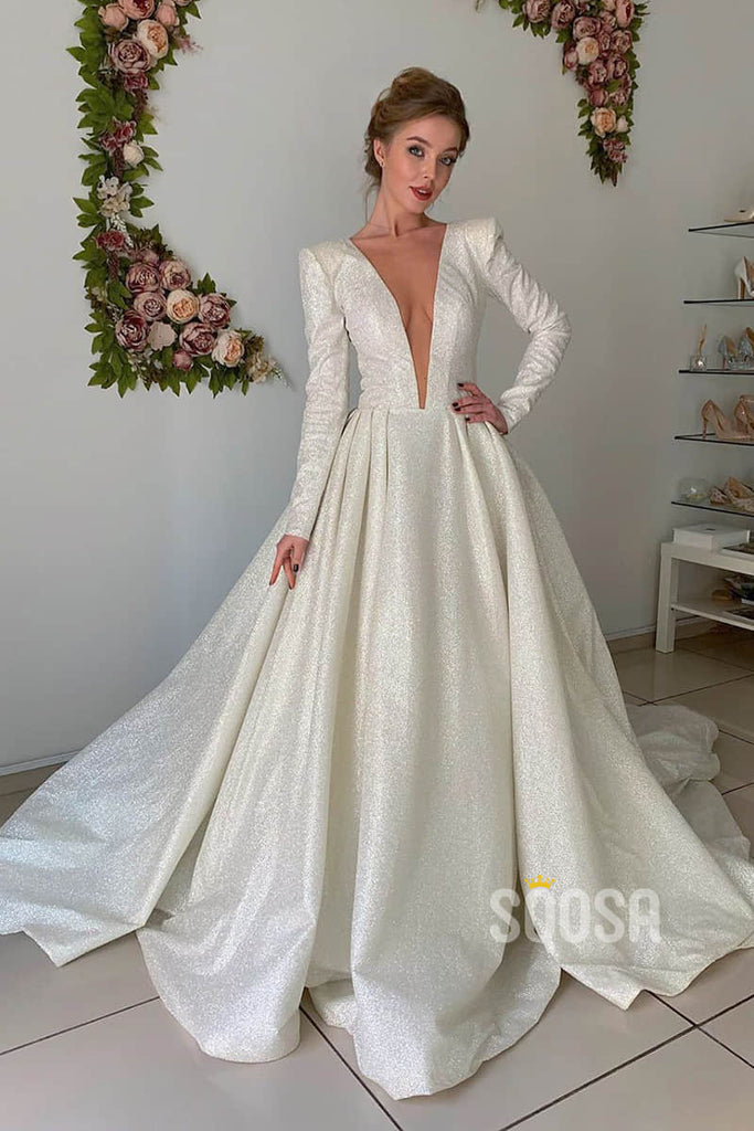 A-line Attractive V-neck Long Sleeves Rustic Wedding Dress Glitter Bridal Gown QW2146|SQOSA