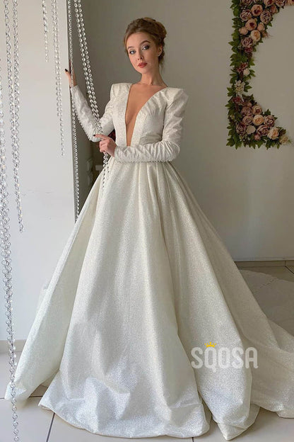 A-line Attractive V-neck Long Sleeves Rustic Wedding Dress Glitter Bridal Gown QW2146|SQOSA