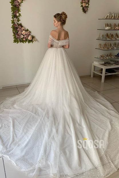 A-line Off-the-Shoulder Chic Tulle Pearls Rustic Wedding Dress Bridal Gown QW2148|SQOSA