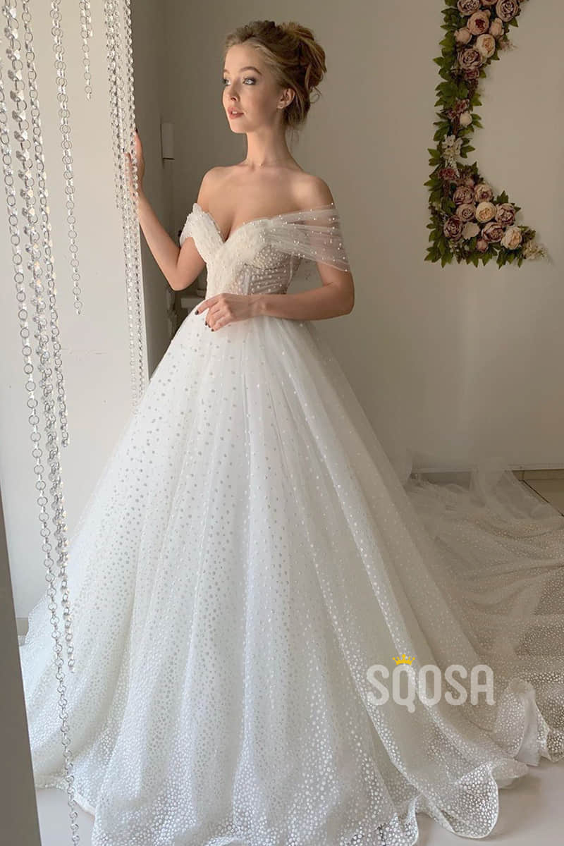 A-line Off-the-Shoulder Chic Tulle Pearls Rustic Wedding Dress Bridal Gown QW2148|SQOSA