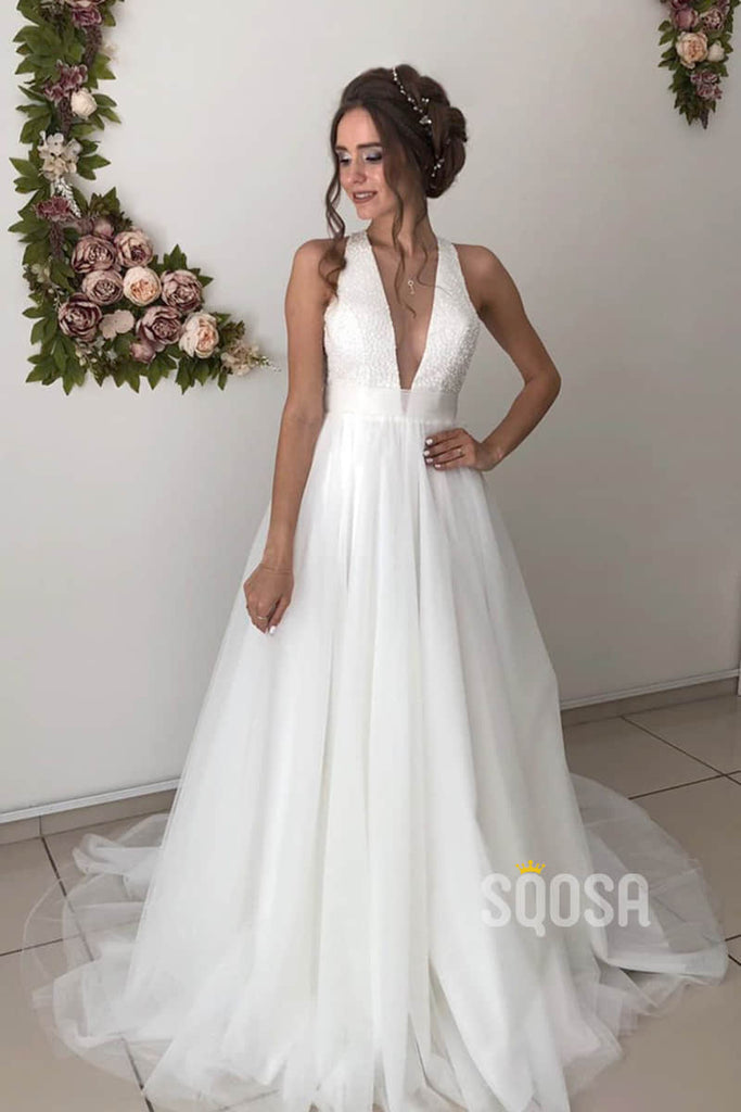 A-line Attractive V-neck Beaded Rustic Wedding Dress Bridal Gown QW2150|SQOSA