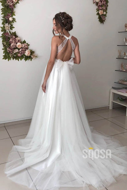 A-line Attractive V-neck Beaded Rustic Wedding Dress Bridal Gown QW2150|SQOSA
