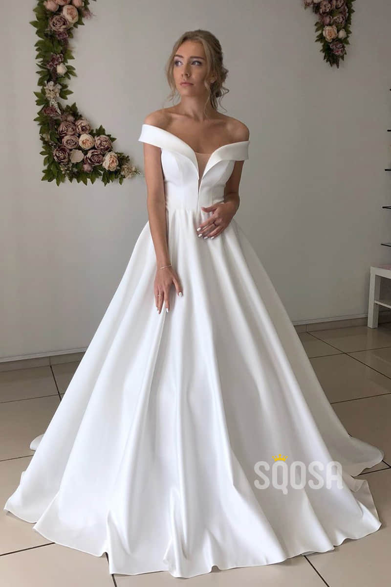 A-line Chic Off-the-Shoulder Ivory Satin Simple Wedding Dress Bridal Gown QW2151|SQOSA