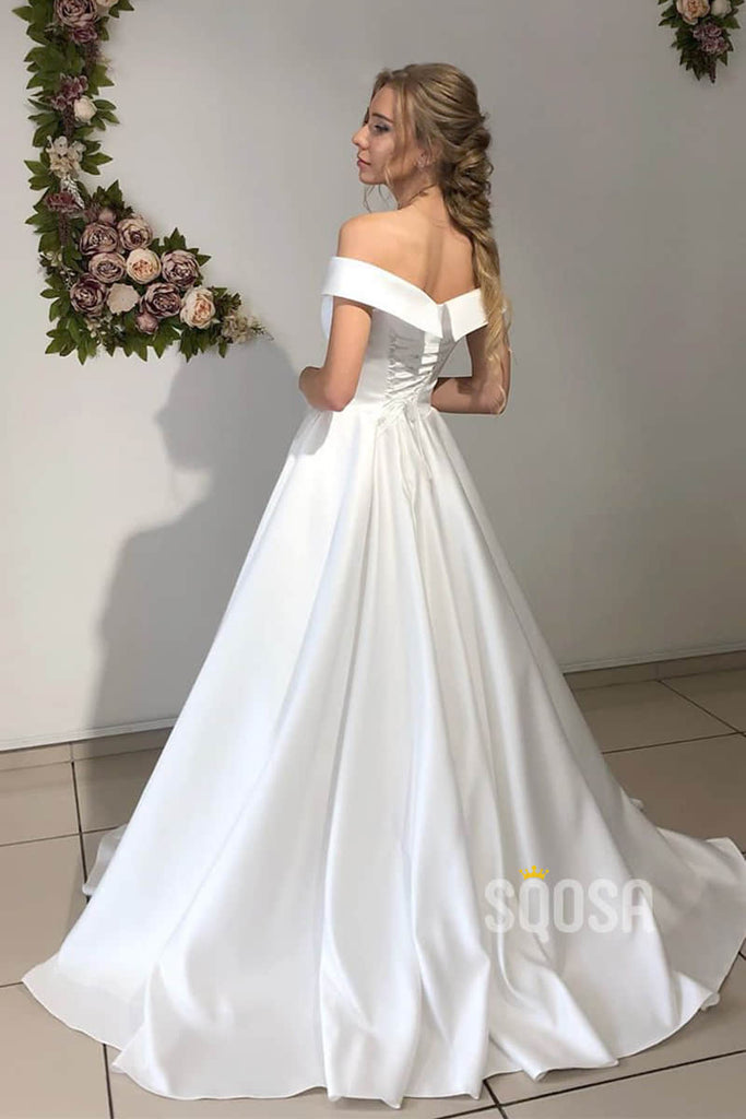 A-line Chic Off-the-Shoulder Ivory Satin Simple Wedding Dress Bridal Gown QW2151|SQOSA