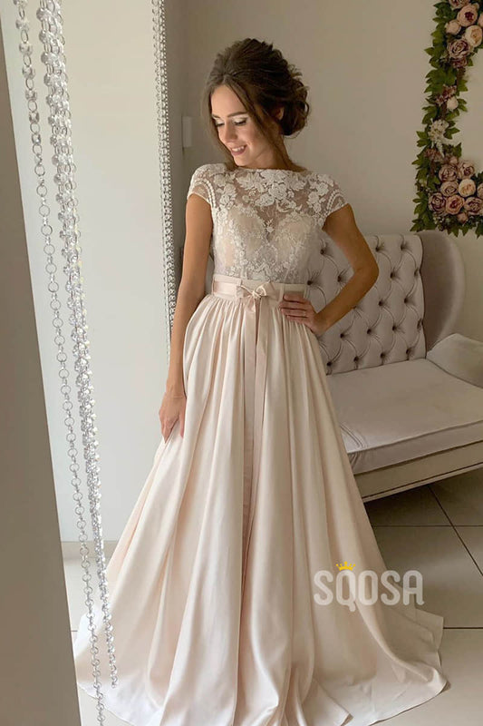 A-line Lace Top Short Sleeves Champagne Wedding Dress Bridal Gown QW2152|SQOSA