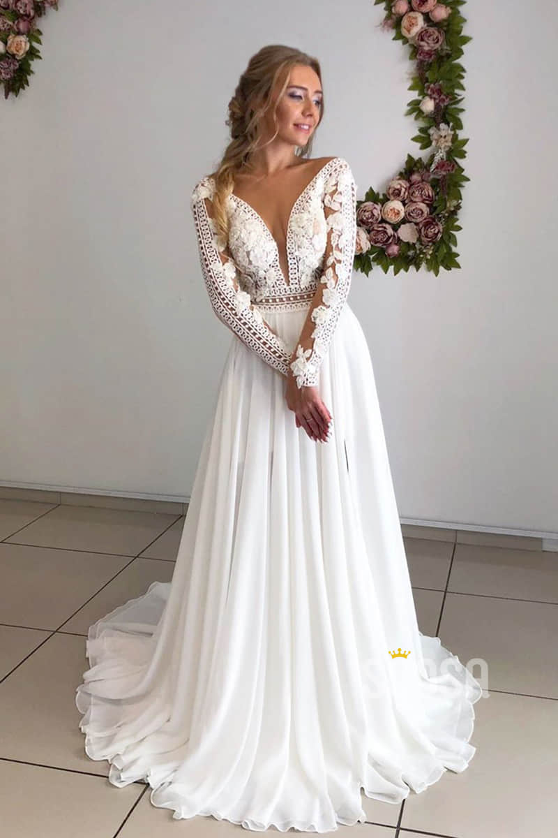 A-line Attractive V-neck Appliques Long Sleeves Bohemian Wedding Dress Bridal Gown QW2153|SQOSA