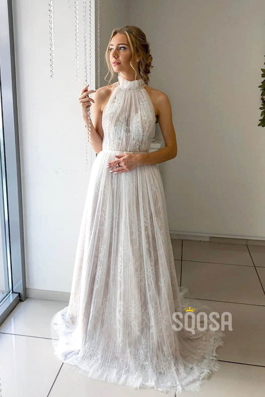 A-line Chic High Neck Tulle Bohemian Wedding Dress Beach Wedding Gowns QW2155|SQOSA
