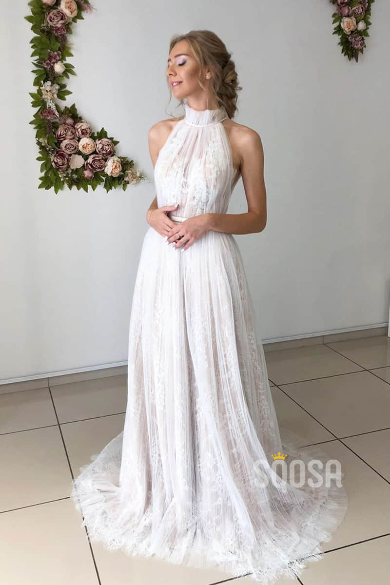 A-line Chic High Neck Tulle Bohemian Wedding Dress Beach Wedding Gowns QW2155|SQOSA