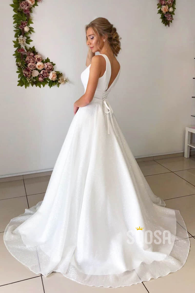 A-line Attractive V-neck Simple Wedding Dress Rustic Wedding Gown QW2157|SQOSA