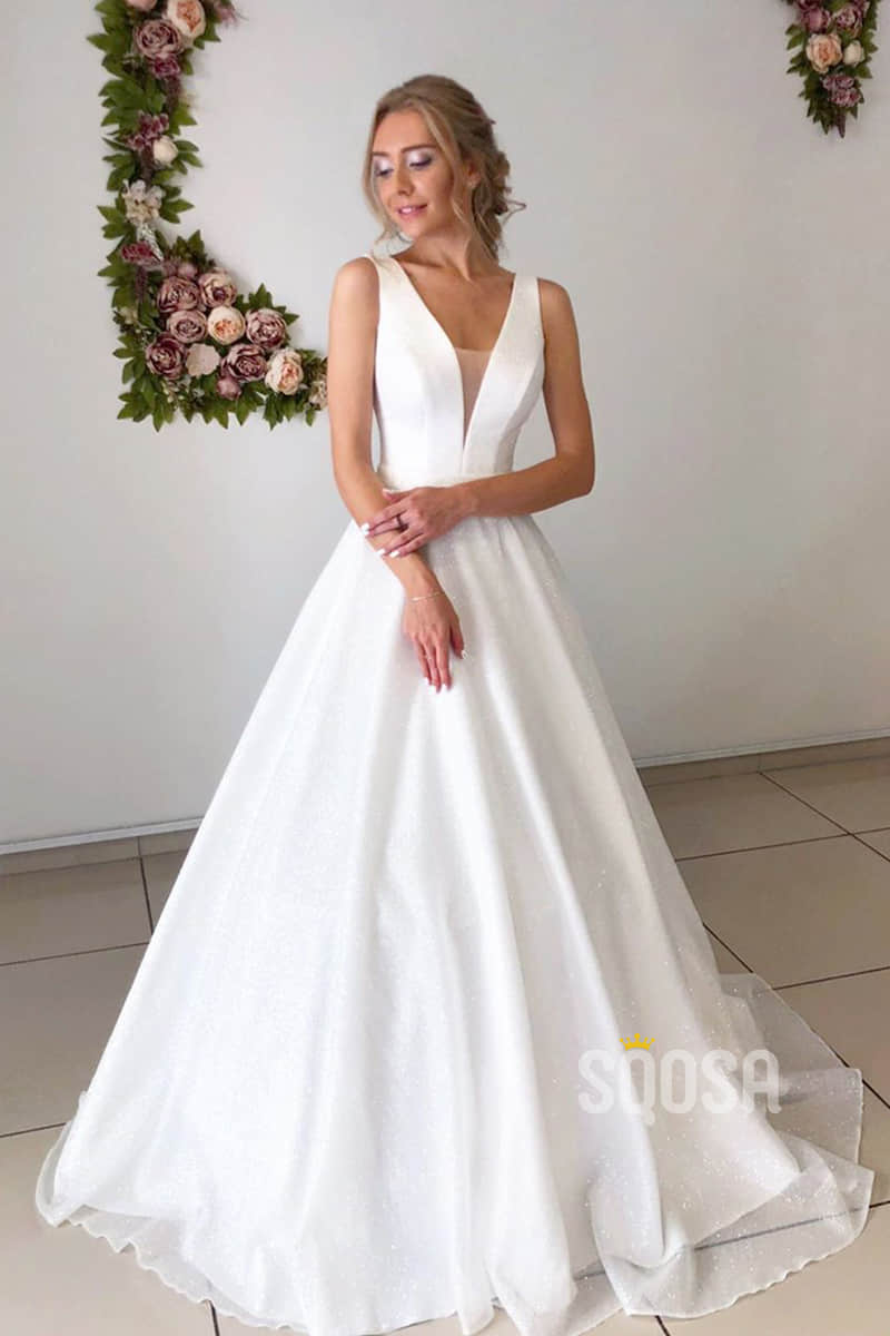A-line Attractive V-neck Simple Wedding Dress Rustic Wedding Gown QW2157|SQOSA