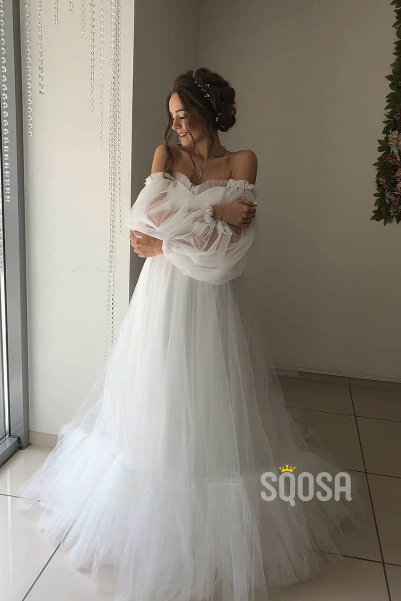 A-line Chic Off-the-Shoulder Long Sleeves Rustic Wedding Dress Bridal Gown QW2160|SQOSA