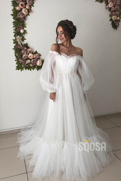 A-line Chic Off-the-Shoulder Long Sleeves Rustic Wedding Dress Bridal Gown QW2160|SQOSA