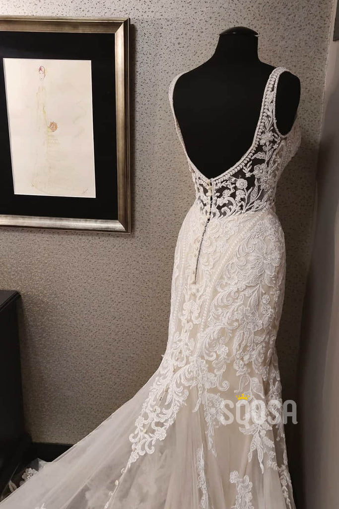 Unique V-neck Lace Appliques Beaded Mermaid/Trumpet Wedding Dress QW2173|SQOSA
