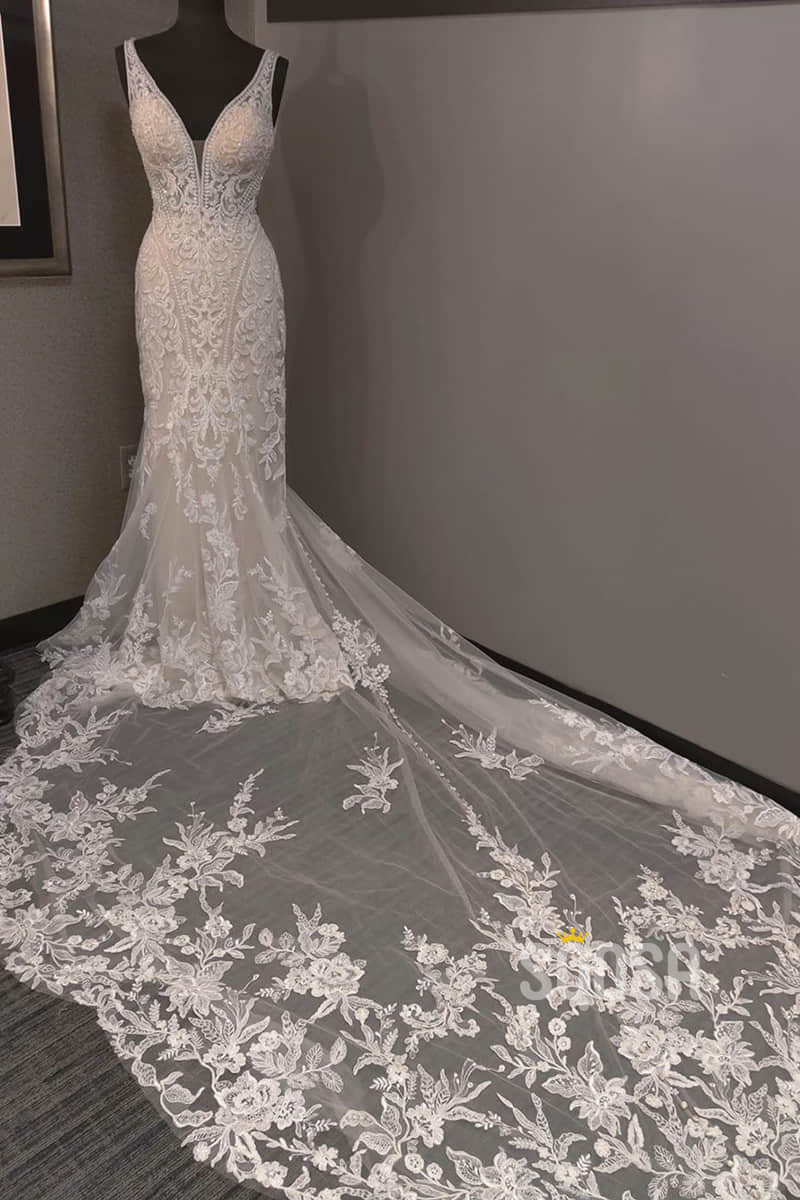 Unique V-neck Lace Appliques Beaded Mermaid/Trumpet Wedding Dress QW2173|SQOSA