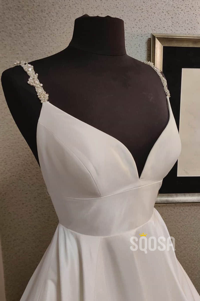 A-line V-neck Ivory Satin Beaded Straps Rustic Wedding Dress QW2181|SQOSA
