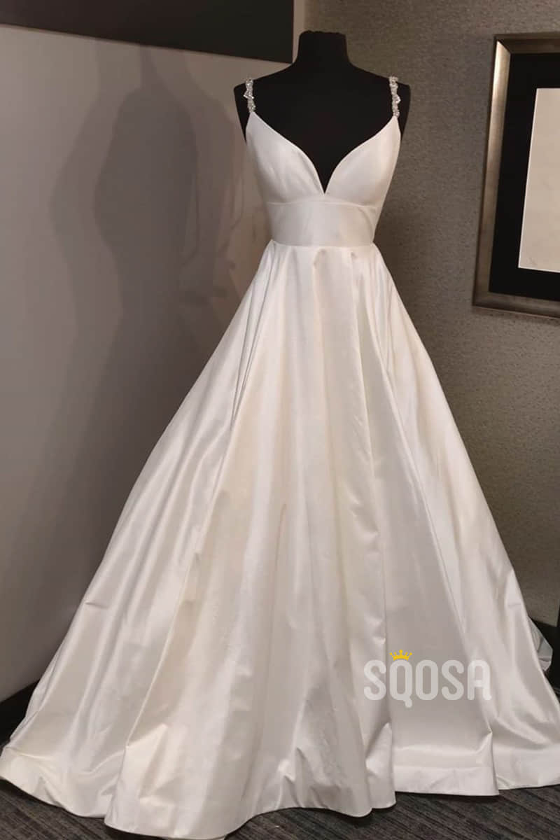 A-line V-neck Ivory Satin Beaded Straps Rustic Wedding Dress QW2181|SQOSA