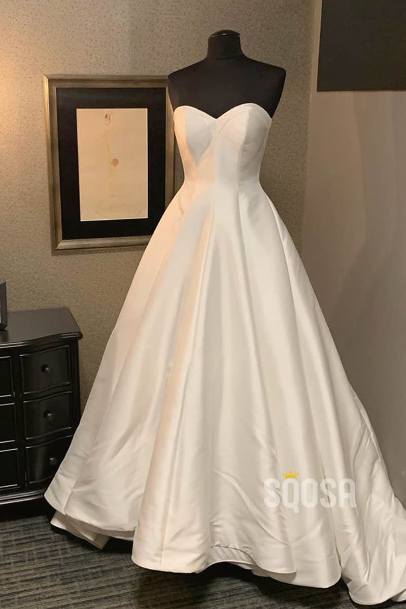 A-line Sweetheart Ivory Satin Rustic Wedding Dress Bridal Gown QW2215|SQOSA